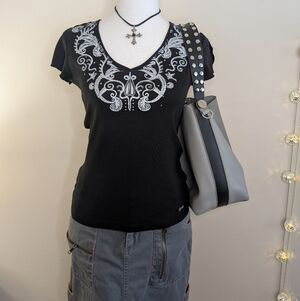 Esprit Black Top with Silver Tribal Grunge Print